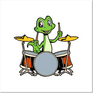 Cartoon gecko drummer Posters and Art